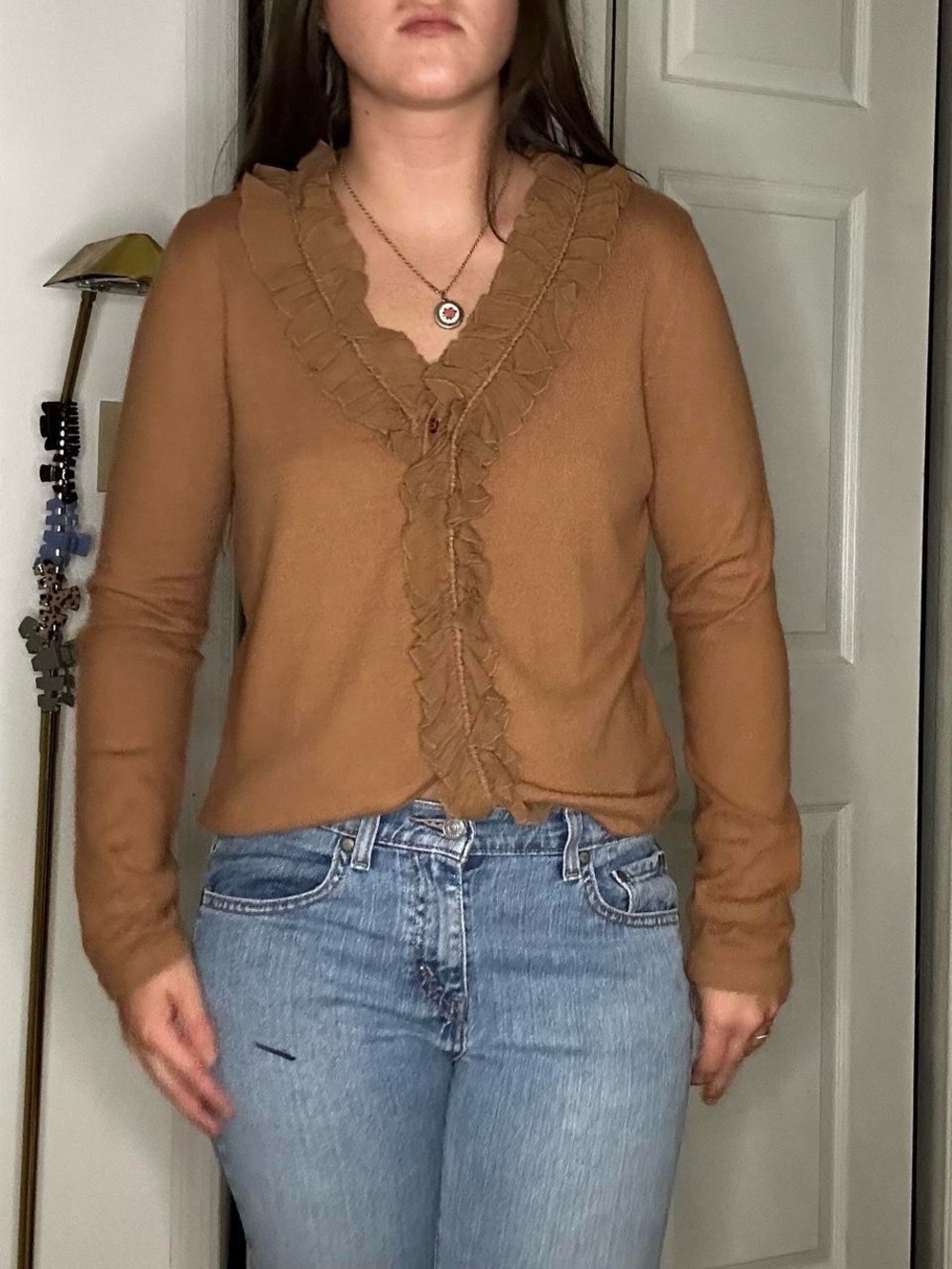 Chadwicks Ruffle-Trim V-Neck Sweater - Brown